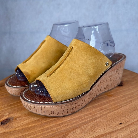 Sam Edelman Shoes - Sam Edelman Ranger Wedge Sandals Womens 9 Yellow Good Suede Cork Platform Mules